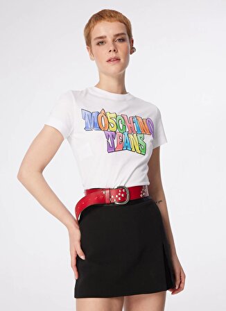 Moschino Jeans Yuvarlak Yaka Baskılı Beyaz Kadın T-Shirt 241K1A0708