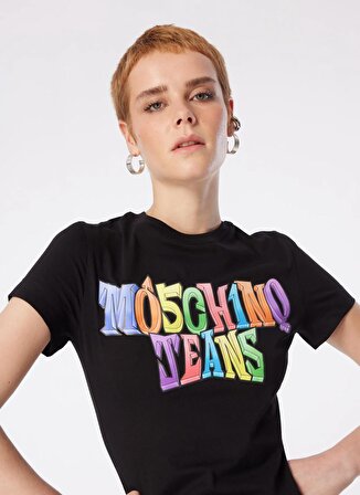 Moschino Jeans Yuvarlak Yaka Baskılı Siyah Kadın T-Shirt 241K1A0708