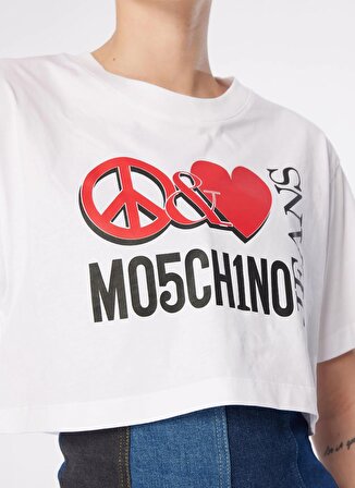 Moschino Jeans Yuvarlak Yaka Baskılı Beyaz Kadın T-Shirt 241K1J0703