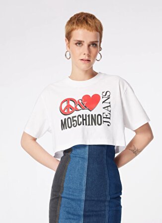Moschino Jeans Yuvarlak Yaka Baskılı Beyaz Kadın T-Shirt 241K1J0703