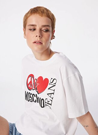 Moschino Jeans Yuvarlak Yaka Baskılı Beyaz Kadın T-Shirt 241K1J0709