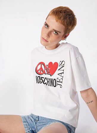 Moschino Jeans Yuvarlak Yaka Baskılı Beyaz Kadın T-Shirt 241K1J0709