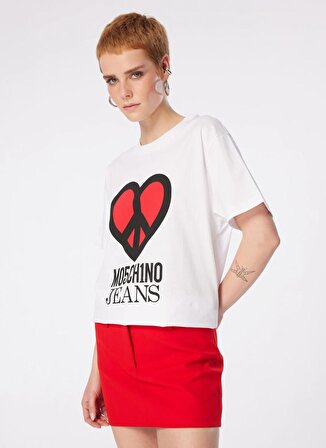 Moschino Jeans Yuvarlak Yaka Baskılı Beyaz Kadın T-Shirt 241K1J0710