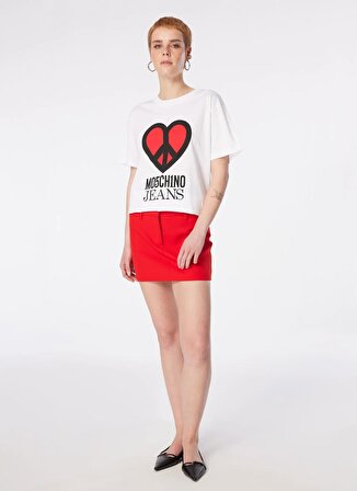 Moschino Jeans Yuvarlak Yaka Baskılı Beyaz Kadın T-Shirt 241K1J0710