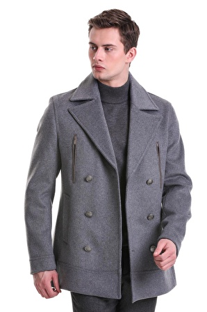 Gri Slim Fit Kruvaze Yünlü Kaşe Kaban | XXL