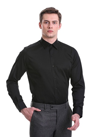 Siyah Slim Fit Düz 100% Pamuklu Slim Yaka Uzun Kollu Casual Saten Gömlek | S