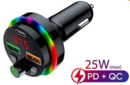 Concord SFT-1 Bluetooth Görüşme ve Müzik RGB Fm Transmitter 25W QC 3.0 PD + 3.1A Çift USB Şarj