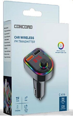Concord C-616 Bluetooth Görüşme ve Müzik Dinleme Ekranlı RGB Fm Transmitter Çift USB Şarj USB/TF