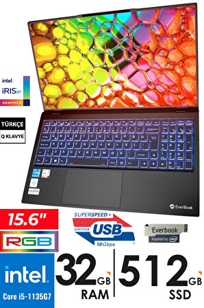 Everest Everbook Core i5 1135G7 32GB RAM 512GB SSD 15.6" iPS Usb 3.2 RGB Işıklı Klavye Laptop EB-15R