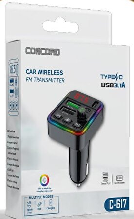 Concord C-617 Bluetooth Görüşme ve Müzik Dinleme Ekranlı RGB Fm Transmitter PD + 3.1A Çift USB Şarj