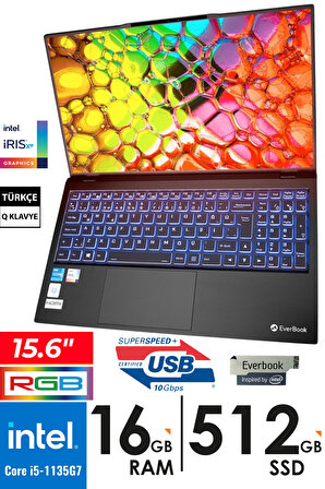 Everest Everbook Core i5 1135G7 16GB RAM 512GB SSD 15.6" iPS Usb 3.2 RGB Işıklı Klavye Laptop EB-15R