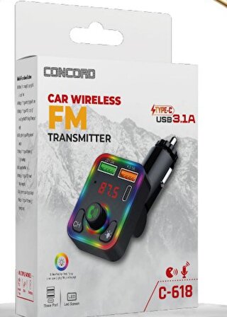 Concord C-618 Bluetooth Görüşme ve Müzik Dinleme Ekranlı RGB Fm Transmitter PD + 3.1A Çift USB Şarj