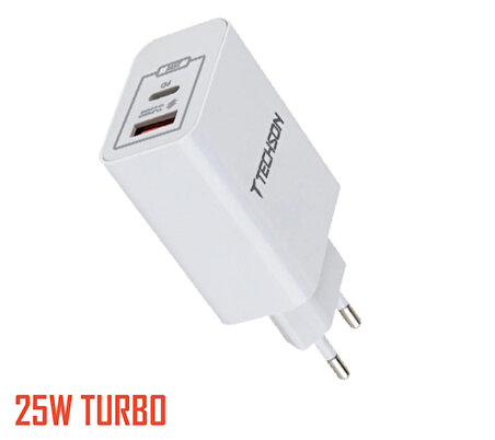 Techson T11-UC25 25W PD USB Ultra Turbo Fast Hızlı Qualcomm Quick Charge 3.0 Şarj Başlık Kafa