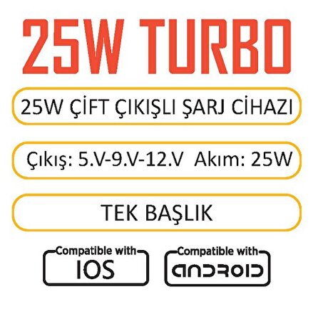 Techson T11-UC25 25W PD USB Ultra Turbo Fast Hızlı Qualcomm Quick Charge 3.0 Şarj Başlık Kafa