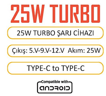 Techson TC14-25TT 25W PD Ultra Turbo Fast Hızlı Qualcomm Quick Charge 3.0 Type-C Kablolu Şarj Seti