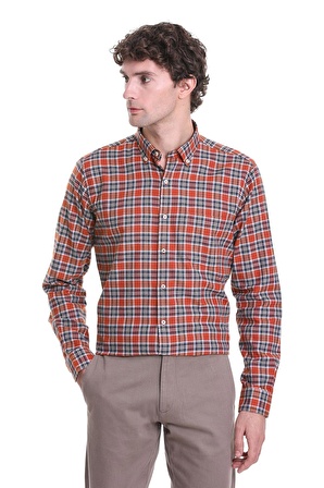 Kiremit Comfort Fit Kareli Düğmeli Yaka Uzun Kollu Casual Gömlek | M