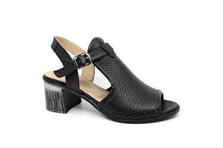 Kadın Siyah Deri Kalın Topuk Sandalet Ayakkabı Balsoylar 055