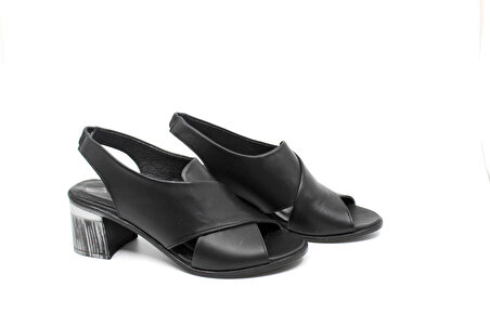 Kadın Siyah Hakiki Deri Kalın Topuk Sandalet Ayakkabı 053