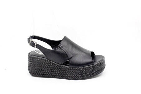 Zerhan 5813 Kadın Siyah Hakiki Deri Dolgu Topuk Sandalet Ayakkabı