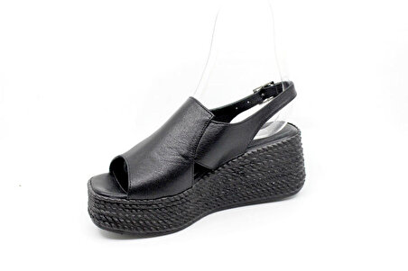 Zerhan 5813 Kadın Siyah Hakiki Deri Dolgu Topuk Sandalet Ayakkabı