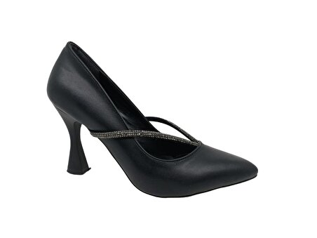 Zerhan 360 Kadın Siyah Taşlı Kadeh Topuk Stiletto Ayakkabı