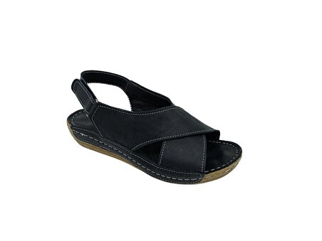 Zerhan Kadın Siyah Hakiki Deri Günlük Kullanım Cırtlı Comfort Sandalet