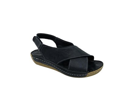 Zerhan Kadın Siyah Hakiki Deri Günlük Kullanım Cırtlı Comfort Sandalet