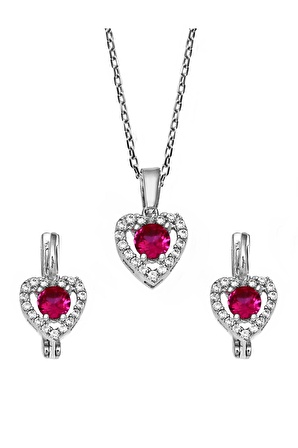 Kalp Motifli Ruby Zirkon Taşlı 925 Ayar Gümüş Set - S016802