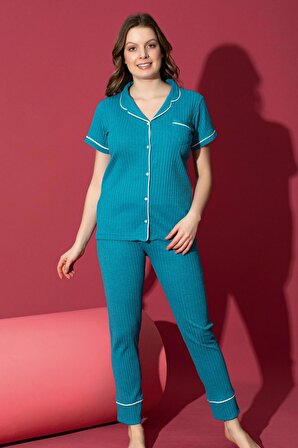 Dreamy Biyeli İpeksi Kaşkorse Kısa Kollu  Cep Detaylı Gömlek Pijama Takımı