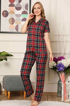 Dreamy Ekoseli Pamuklu Biyeli Kısa Kollu Gömlek Pijama Takımı