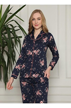 Dreamy Pamuklu Biyeli Çiçek Desenli Gömlek Pijama Takımı