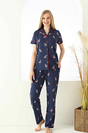 Dreamy Pamuklu Biyeli Ceylan Desenli Kısa Kollu Gömlek Pijama Takımı