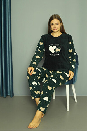 X-Dreamy Büyük Beden Welsoft Polar Kalp Desenli Peluş Pijama Takımı