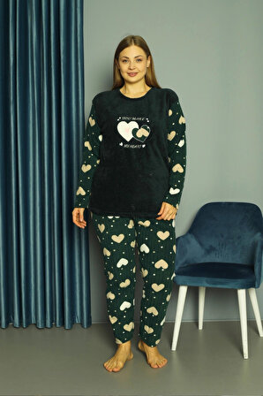 X-Dreamy Büyük Beden Welsoft Polar Kalp Desenli Peluş Pijama Takımı