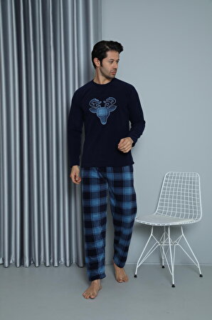 Luxury Soft Polar Ekose Kareli Boğa Desenli Erkek Pijama Takımı