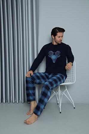 Luxury Soft Polar Ekose Kareli Boğa Desenli Erkek Pijama Takımı
