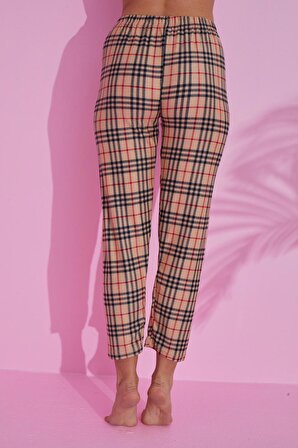 2'li Pamuklu Süet Ekose Kalp Desenli Pijama Altı Pantolon