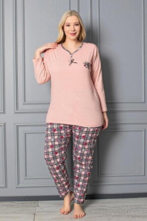 X-Dreamy Büyük Beden Pamuklu Uzun Kollu Ekoseli Çiçekli Pijama Takımı