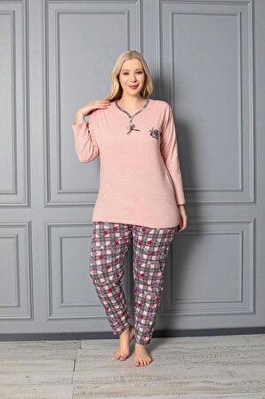 X-Dreamy Büyük Beden Pamuklu Uzun Kollu Ekoseli Çiçekli Pijama Takımı