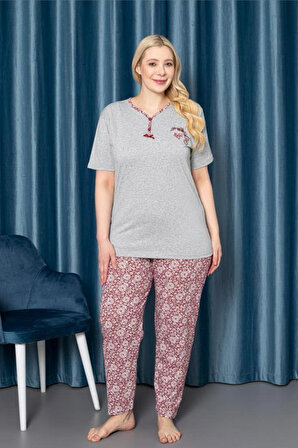 X-Dreamy Büyük Beden Pamuklu Düğmeli Yaka Kısa Kollu Pijama Takımı