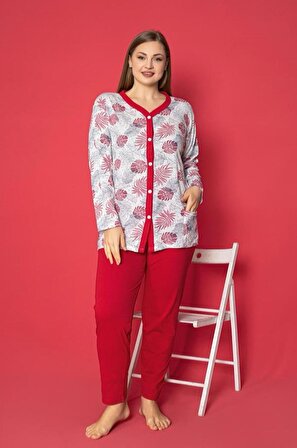 X-Dreamy Büyük Beden Pamuklu Cepli Çiçekli Önden Düğmeli Pijama Takımı