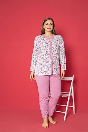 X-Dreamy Büyük Beden Pamuklu Cepli Çiçekli Önden Düğmeli Pijama Takımı