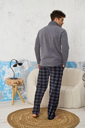Luxury Soft Polar Ekose Kareli Fermuarlı Yaka Erkek Pijama Takımı