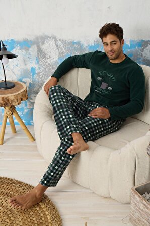 Luxury Soft Polar Ekose Kareli Nakışlı Desenli Erkek Pijama Takımı