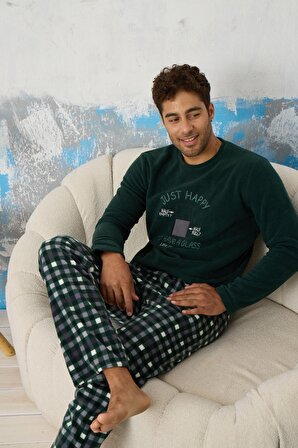 Luxury Soft Polar Ekose Kareli Nakışlı Desenli Erkek Pijama Takımı