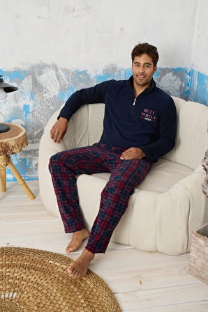 Luxury Soft Polar Ekose Kareli Fermuarlı Yaka Erkek Pijama Takımı