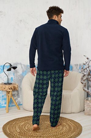 Luxury Soft Polar Ekose Kareli Fermuarlı Yaka Erkek Pijama Takımı