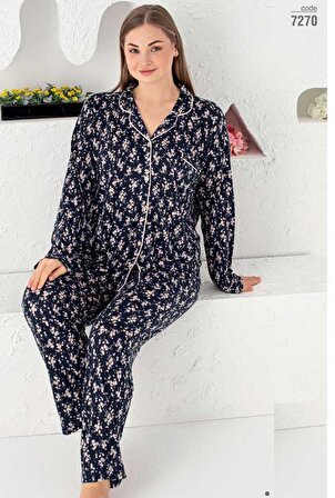 Çağrı Kadın Düğmeli Pijama Takımı 7270/Lacivert/4XL