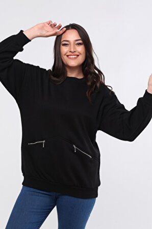 Kadın Büyük Beden Fermuarlı Cep Detaylı Basic Siyah Sweatshirt