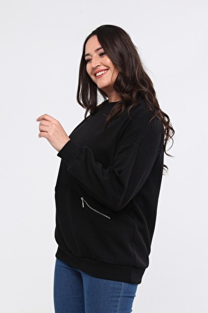 Kadın Büyük Beden Fermuarlı Cep Detaylı Basic Siyah Sweatshirt